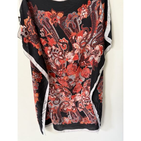 Tie Rack London Silk Scarf Rolled Hem Square Black Red Floral Geometric Artsy - Picture 2 of 9